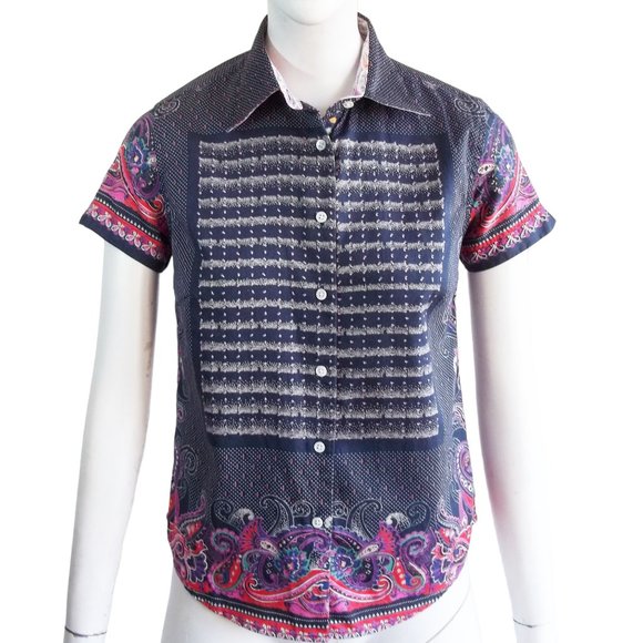 ROBERT GRAHAM Polka Dot Paisley Border Button Front Cotton Womens Blouse Sz 2 - Picture 1 of 14